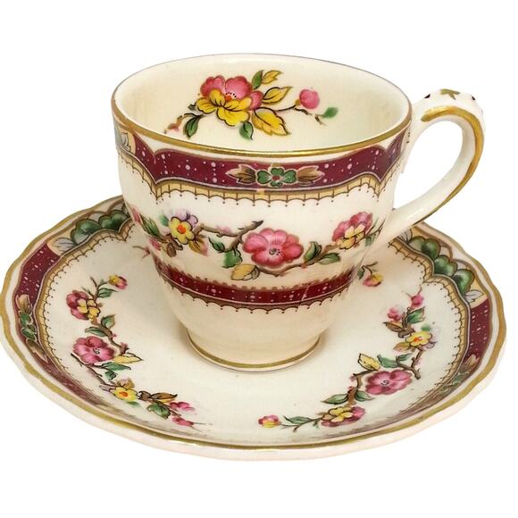 Grindley Demitasse Cup Saucer English China Vintage Floral Pink Red Pattern - Picture 1 of 14